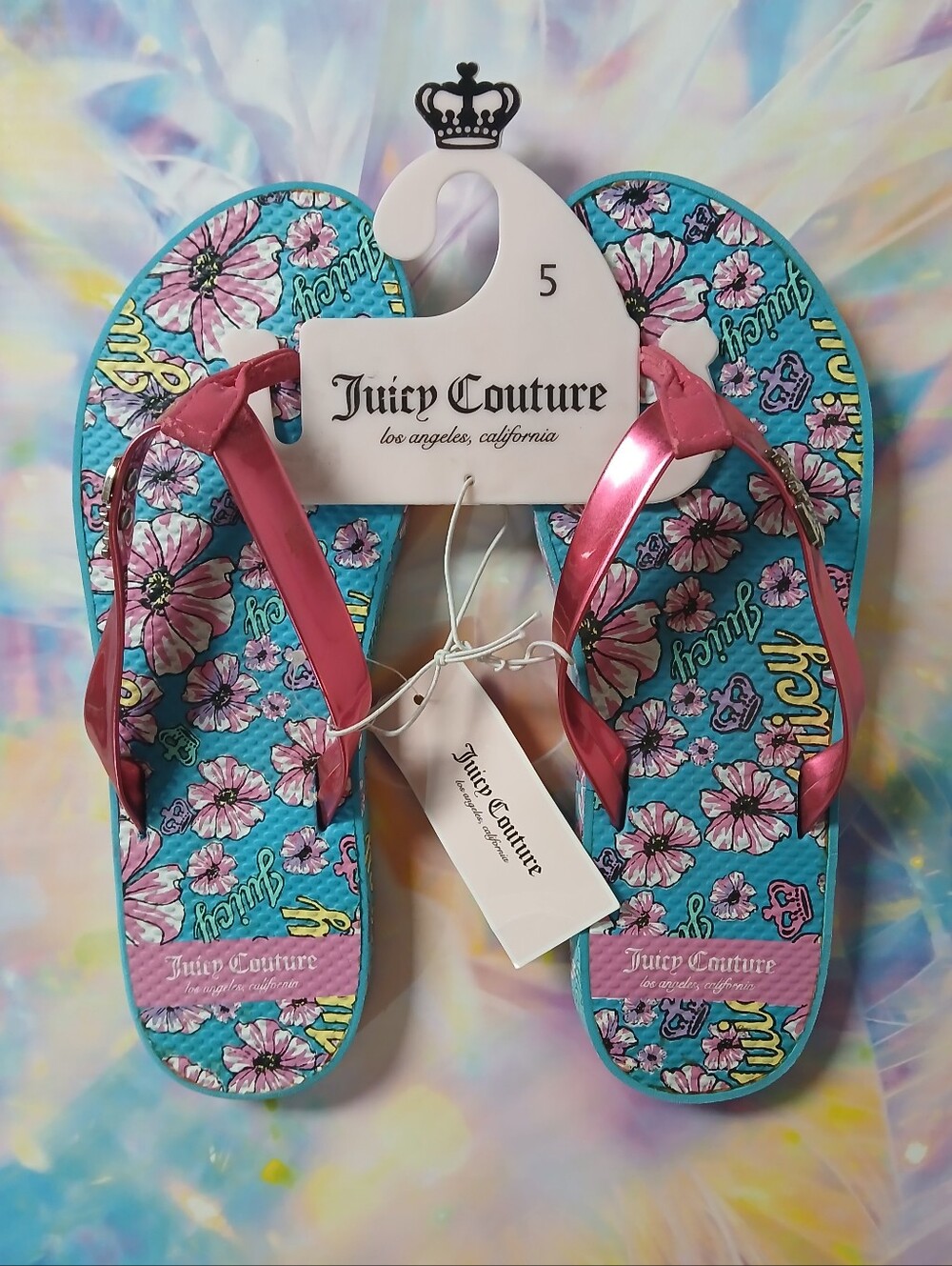 Juicy Couture Blue Floral Flip Flop with Pink Strap